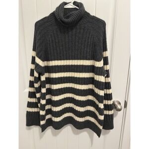 HM Womens Charcoal Grey Cream Striped Ribbed Turtleneck Sweater Size S Oversized